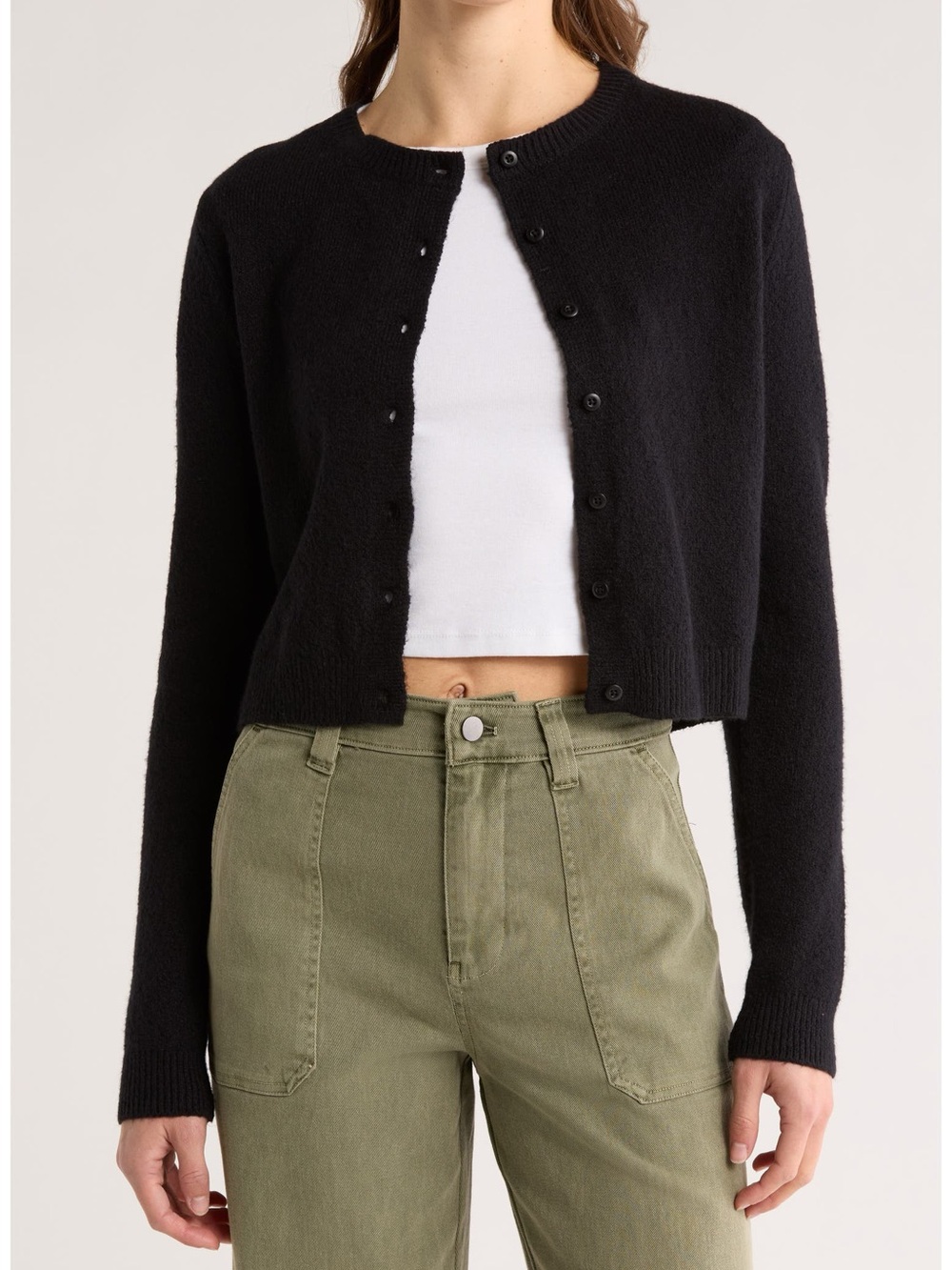Abound Black Cropped Button-Front Cardigan